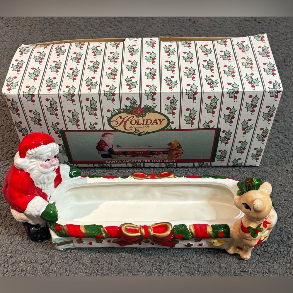 World Bazaar Santa Deer Reindeer Oblong Dish 13”